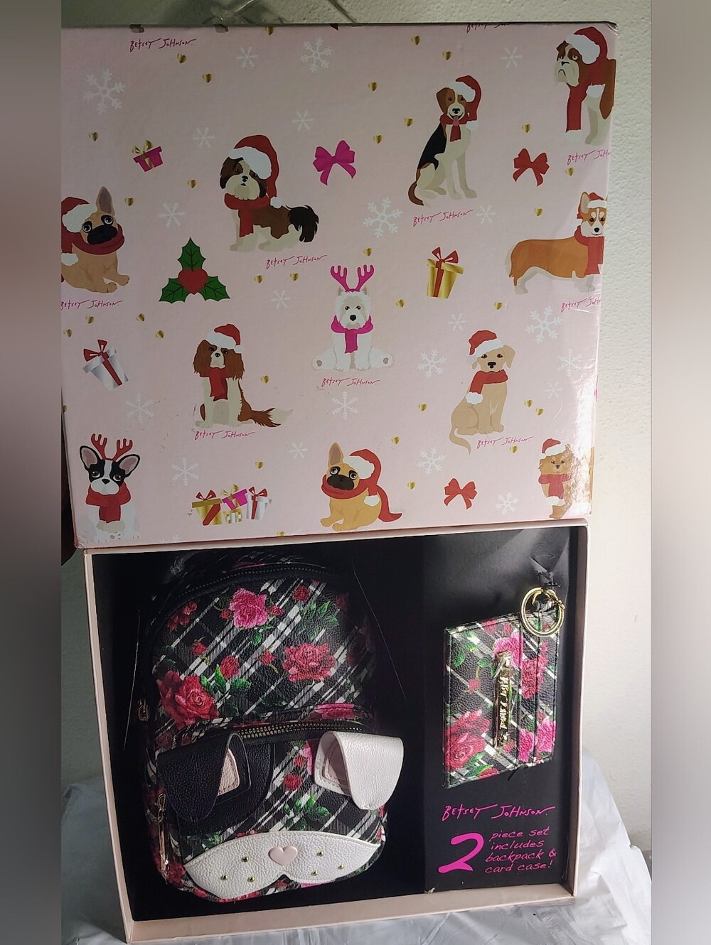Betsey Johnson Floral Plaid Backpack & Card Holder Set - Black with Pink Roses